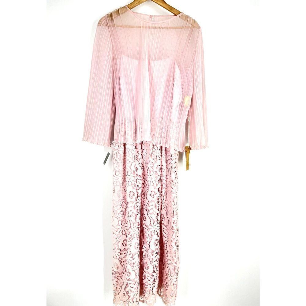 Miss Elliette Dress Size 12 Womens Pink Lace Chiffon 2 Piece Vintage Midi Bow
